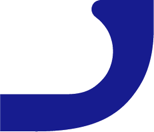 Partial view of a thick blue curved logo element on a black background.